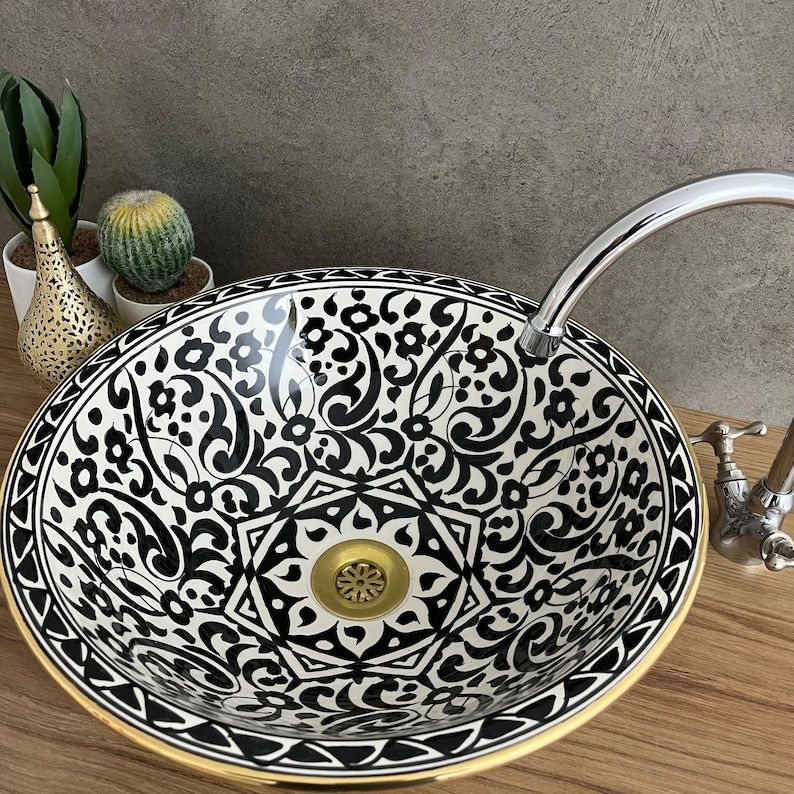 14K Carat Gold contour bathroom sink | Hand painted ceramic sink | Bathroom sink #20T