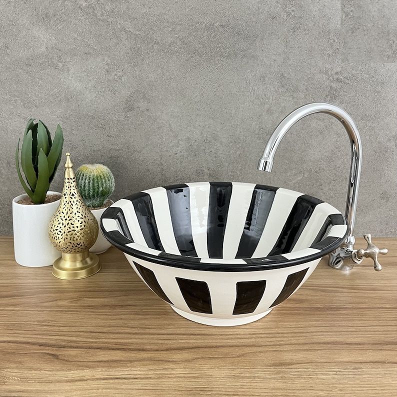 Vasque élégante pour salle de bain | Lavabo en céramique style orientale | black and white sink bowl #185M