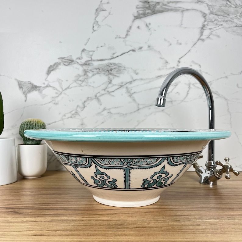 Vasque verte élégant pour salle de bain | Lavabo en céramique style orientale #185Z