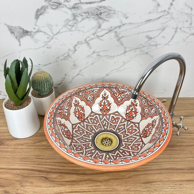 Hand-painted Moroccan sink - Moroccan sink - Orange sink - Moroccan sink bowl #221