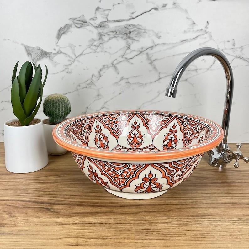 Hand-painted Moroccan sink - Moroccan sink - Orange sink - Moroccan sink bowl #221