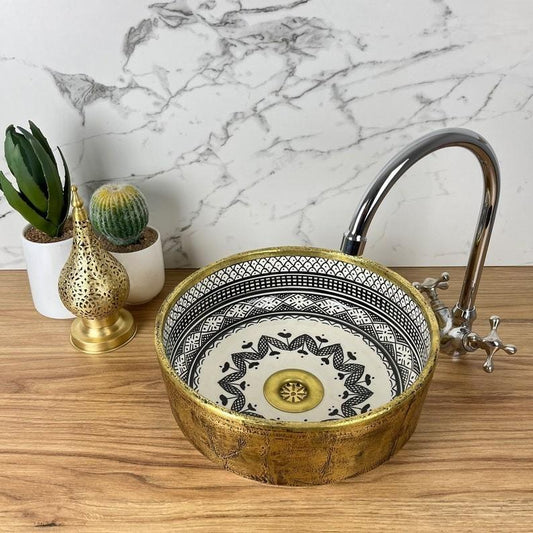 Moroccan hand painted sink - Solid brass and ceramic sink - Moroccan brass sink - Brass sink #225